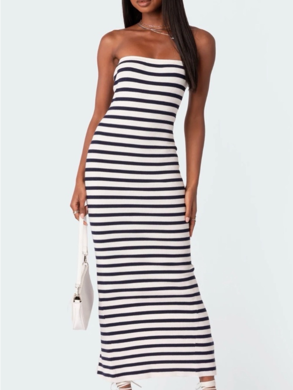 Edikted Strapless Navy & White Ribbed Maxi Dress